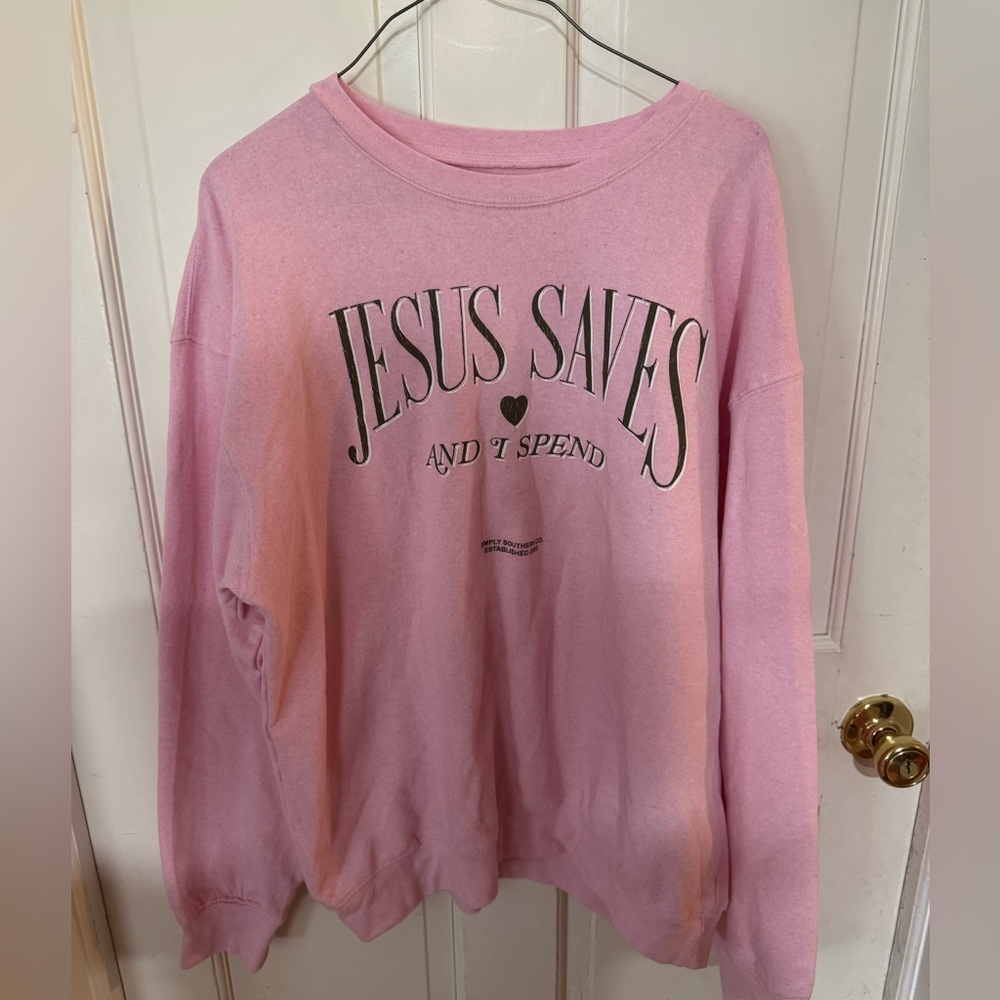 Simply Southern Pink "Jesus Saves" Pullover Sweatshirt - Picture 1 of 4